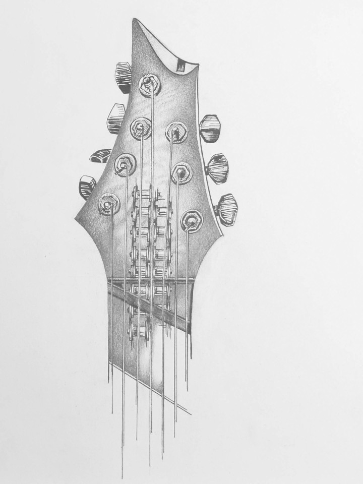 Gitarrenkopf mit Kette | 36,7 x 51 cm; Feinliner und Bleistift auf Papier